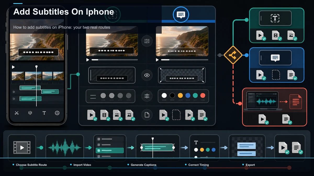 Steps for Add Subtitles On Iphone: Choose Subtitle Route, Import Video, Generate Captions.
