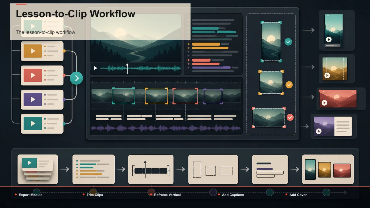 Steps for Lesson-to-Clip Workflow: Export Module, Trim Clips, Reframe Vertical.