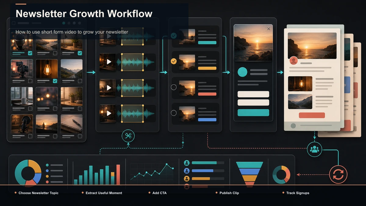 Steps for Newsletter Growth Workflow: Choose Newsletter Topic, Extract Useful Moment, Add CTA.