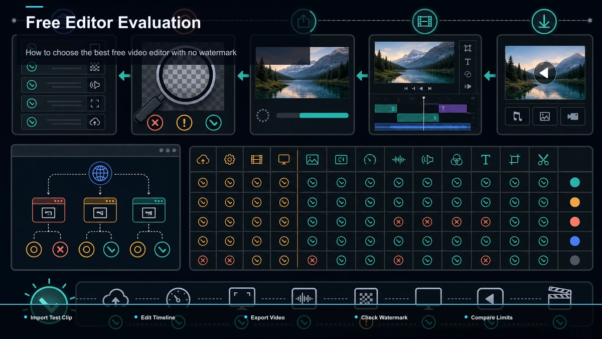 Steps for Free Editor Evaluation: Import Test Clip, Edit Timeline, Export Video.