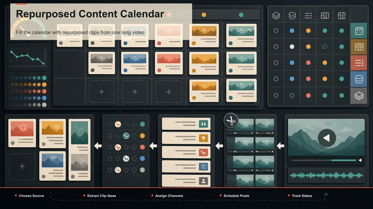 Steps for Repurposed Content Calendar: Choose Source, Extract Clip Ideas, Assign Channels.
