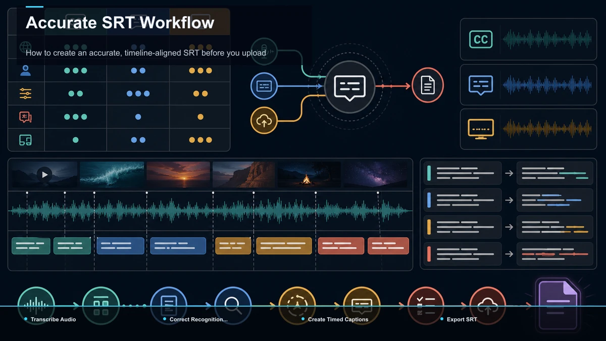 Steps for Accurate SRT Workflow: Transcribe Audio, Correct Recognition Errors, Create Timed Captions.