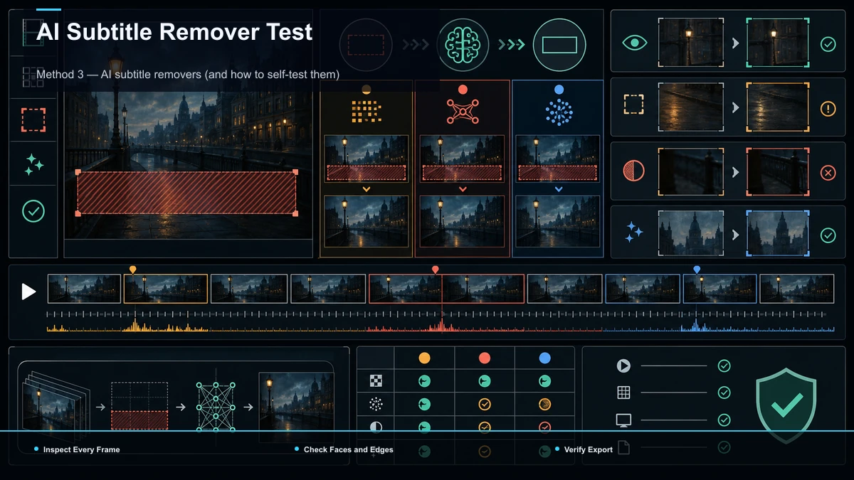 Steps for AI Subtitle Remover Test: Inspect Every Frame, Check Faces and Edges, Verify Export.
