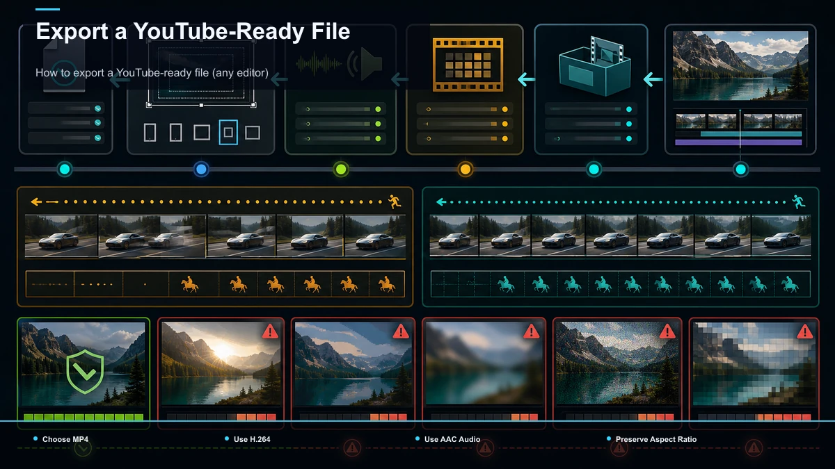Steps for Export a YouTube-Ready File: Choose MP4, Use H.264, Use AAC Audio.