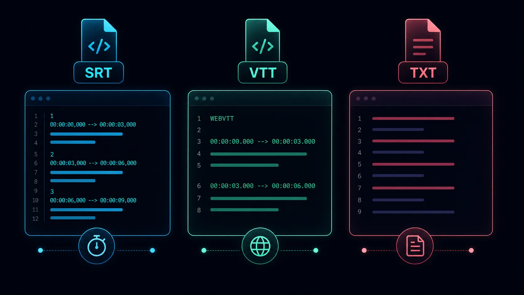 Speech-to-text conversion and SRT· Comparison of VTT and TXT: editing workflow overview