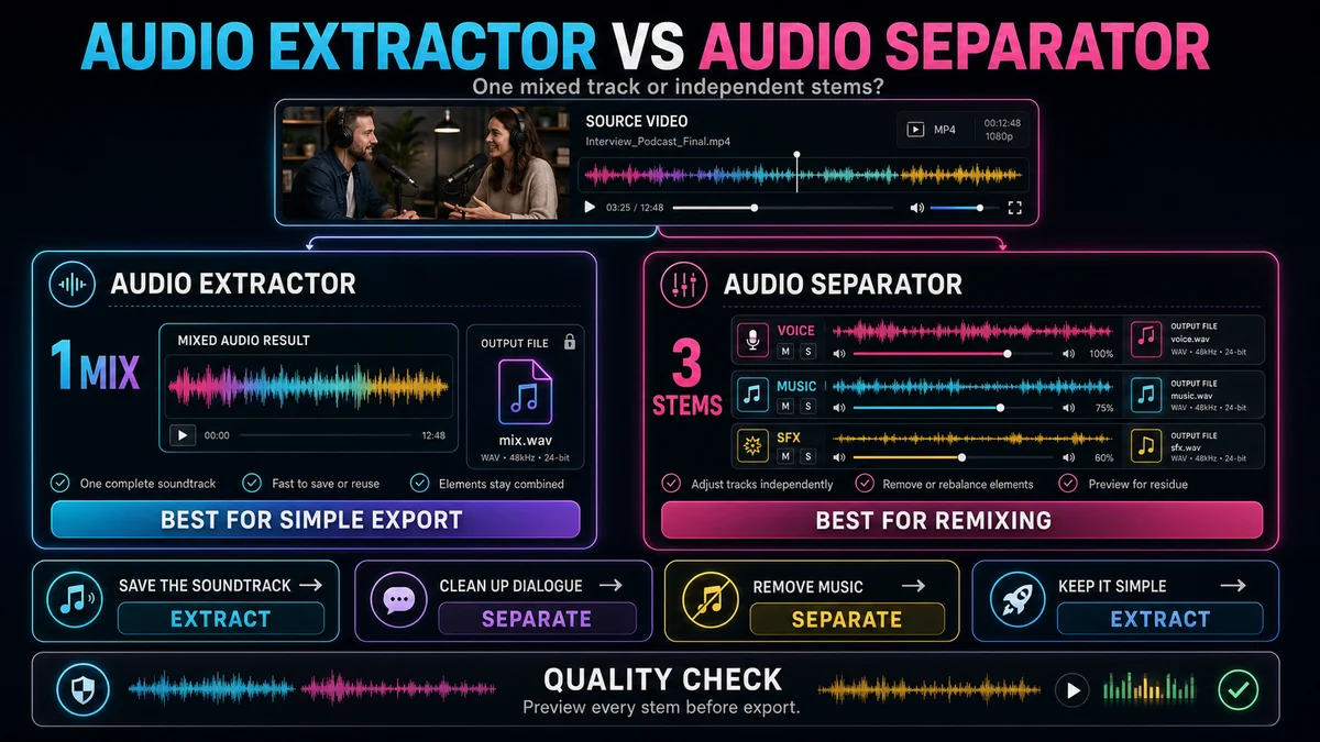 Separatore audio vs estrattore audio: quale strumento ti serve? — illustrazione comparativa e lista di controllo