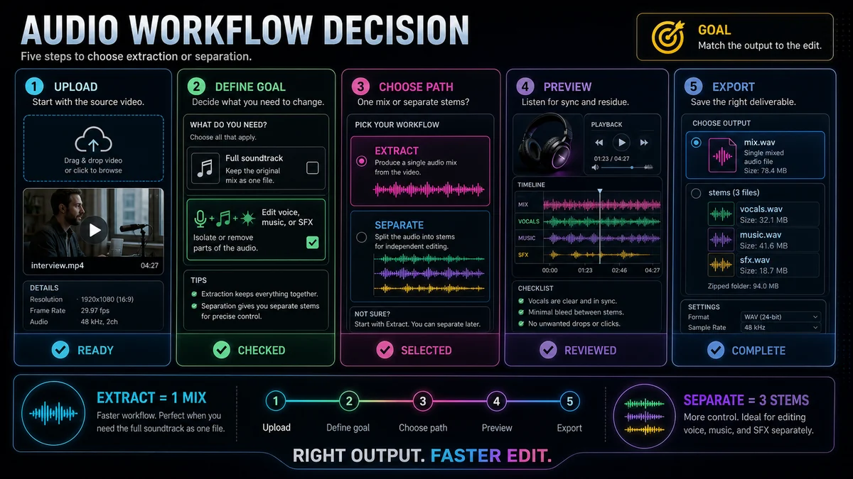 Separatore audio vs estrattore audio: quale strumento ti serve? — illustrazione del flusso di lavoro