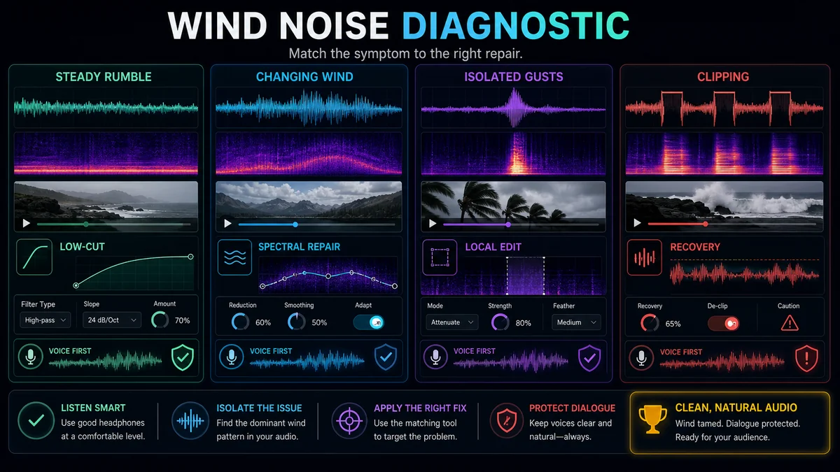 Come rimuovere il rumore del vento dall'audio video — illustrazione comparativa e lista di controllo