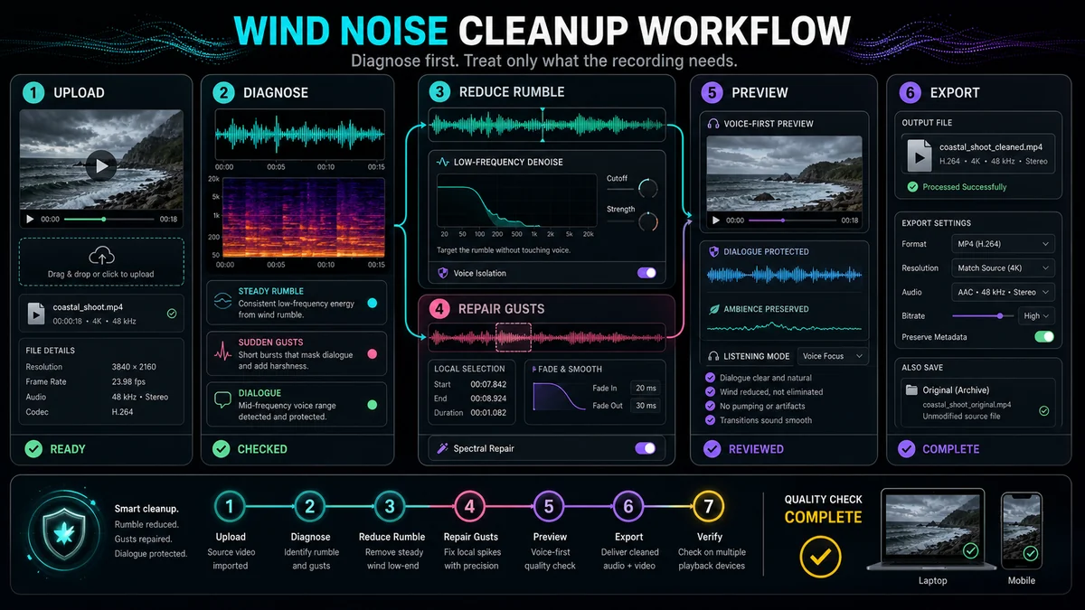 Come rimuovere il rumore del vento dall'audio video — illustrazione del flusso di lavoro