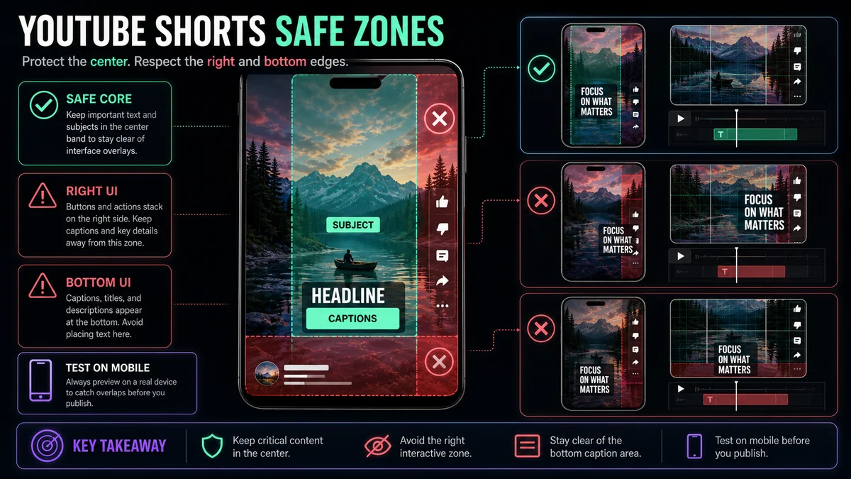 Guida alla zona sicura di YouTube Shorts: mantieni visibili testo e didascalie — illustrazione comparativa e lista di controllo