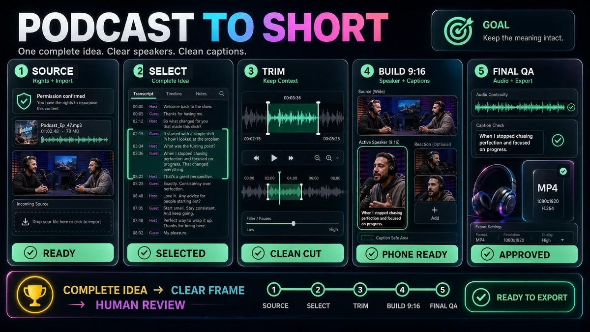 Podcast-to-Short Workflow: From Rights Check to Export — How to Turn a Podcast Into YouTube Shorts