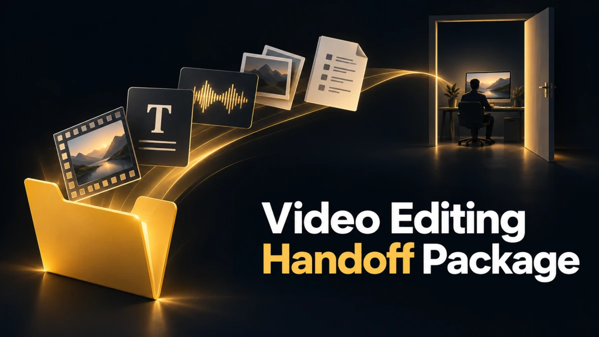 Video Editing Handoff Package cover with a folder of media, editable text, audio, and manifest sheets leading to a separate workstation.