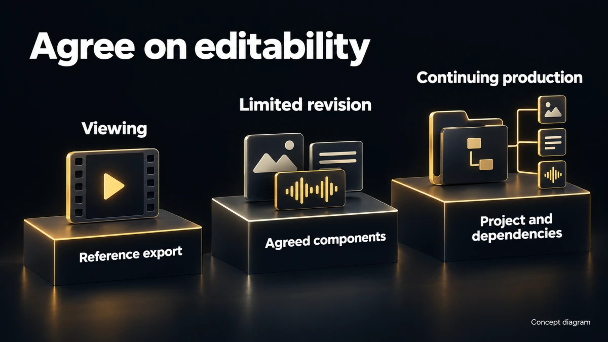 Three handoff levels pair viewing with a reference export, limited revision with agreed components, and continuing production with a project and dependencies.
