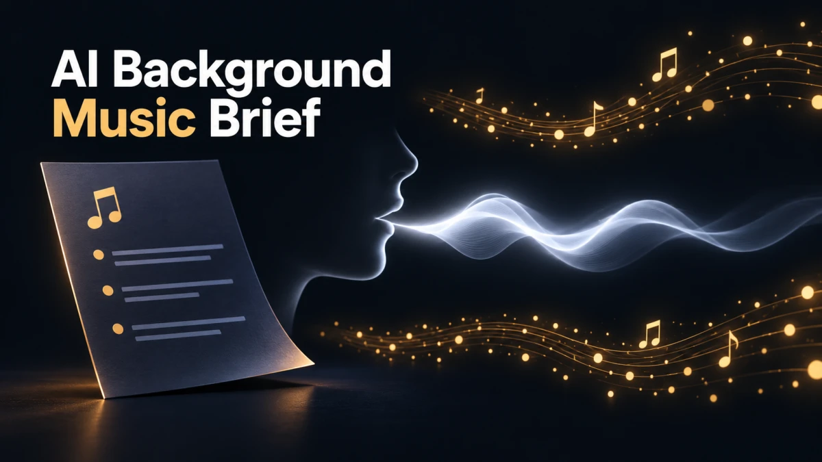 AI Background Music Brief cover with a planning sheet and a clear central voice ribbon surrounded by restrained musical accents.