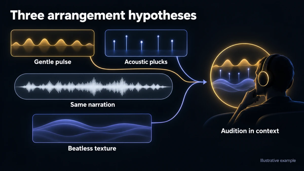 Three arrangement hypotheses—gentle pulse, acoustic plucks, and beatless texture—are auditioned in context against the same narration.