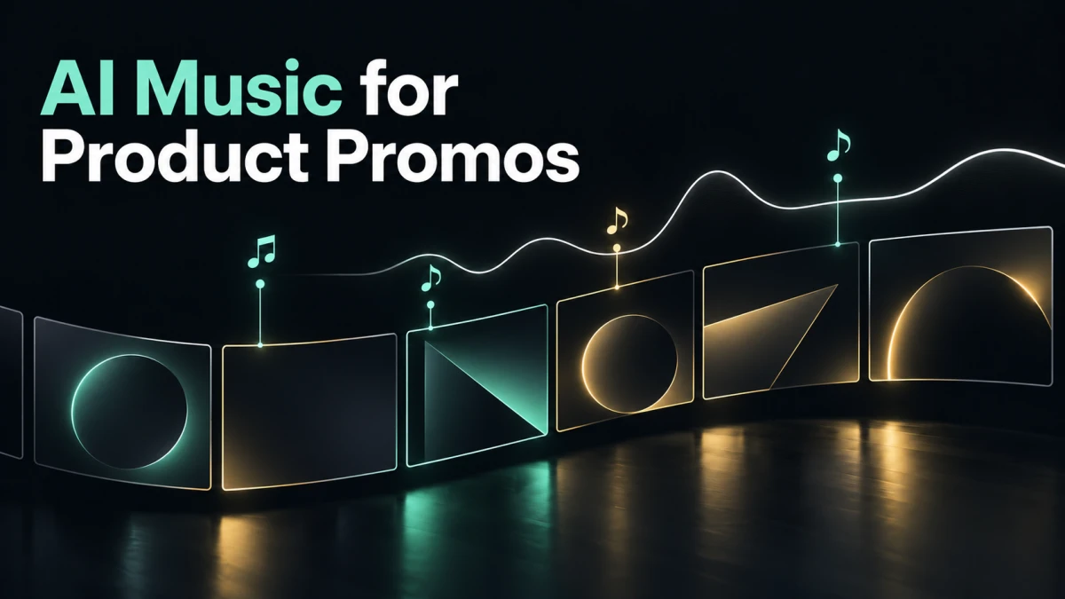 AI Music for Product Promos cover with abstract geometric picture frames, sparse musical cue markers, and a separate white voice ribbon.