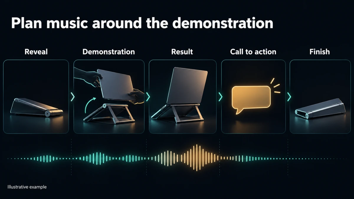 An illustrative hinged-stand storyboard follows reveal, demonstration, result, call to action, and finish, with a proposed music-role ribbon underneath.