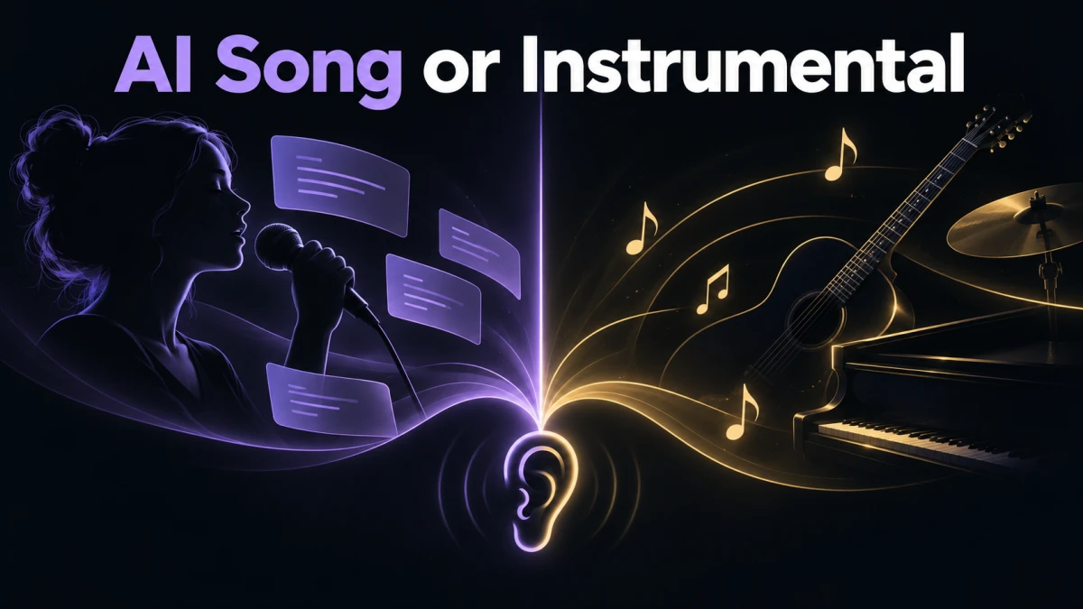 AI Song or Instrumental cover compares a singer with abstract lyric tiles and instrumental imagery, both converging on a listening symbol.
