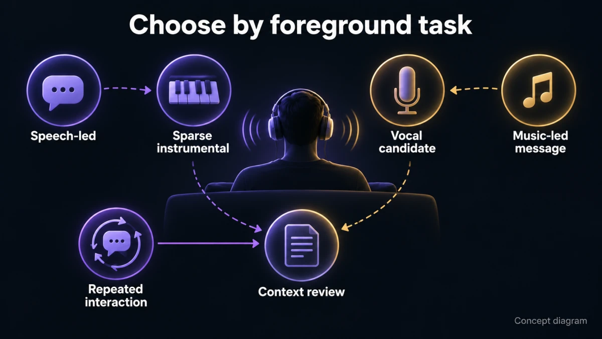 Foreground listening tasks suggest sparse instrumental or vocal candidates, with both candidates and repeated interaction leading to context review.
