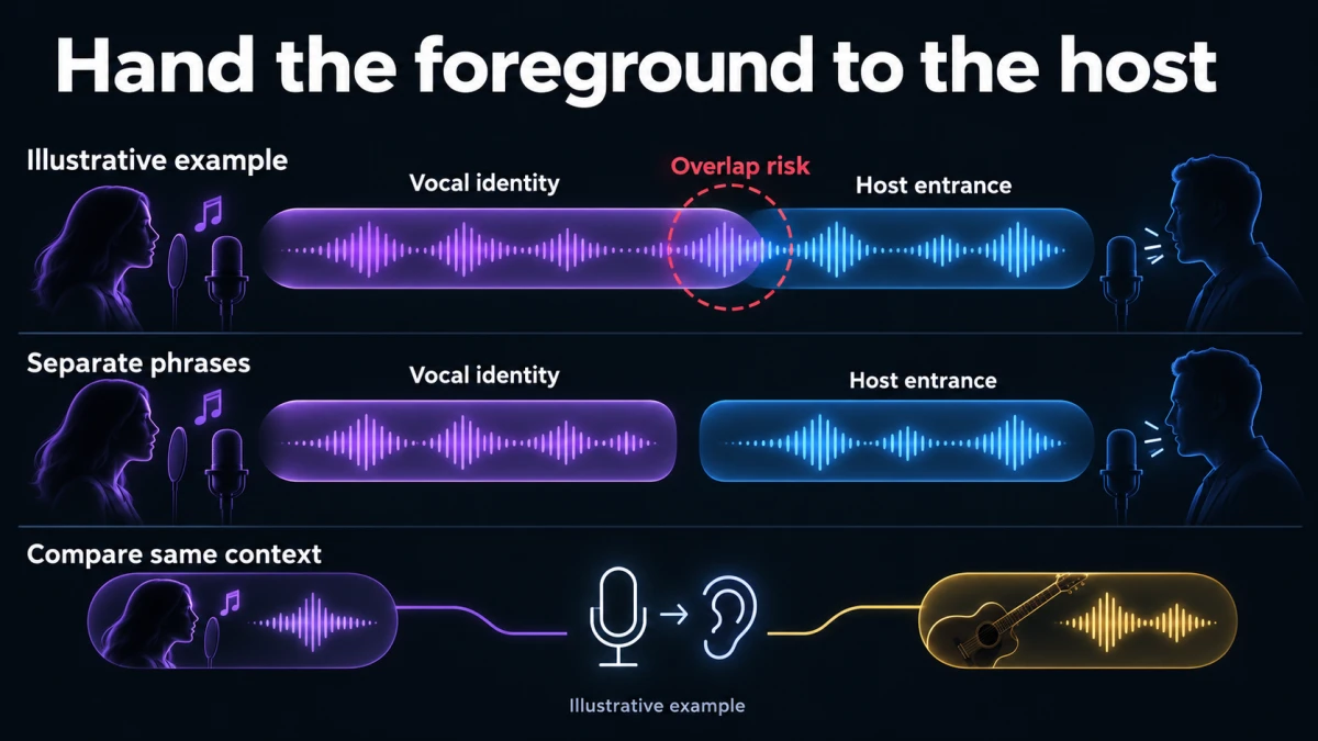 An illustrative vocal identity overlaps a host entrance in one arrangement and hands over cleanly in another, with vocal and instrumental candidates compared in the same context.