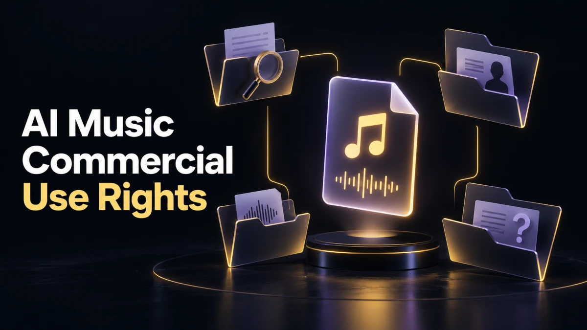 Titelbild zu kommerziellen Nutzungsrechten für KI-Musik mit einer Musikdatei, umgeben von vier offenen Belegordnern und Symbolen für ausstehende Prüfung.