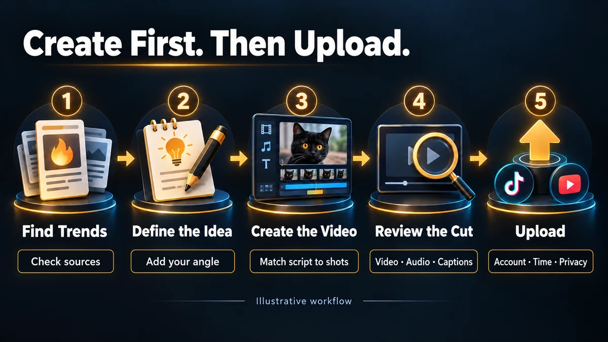 Five stages—find trends, define the idea, create the video, review the final cut, and upload—with checks for each stage.