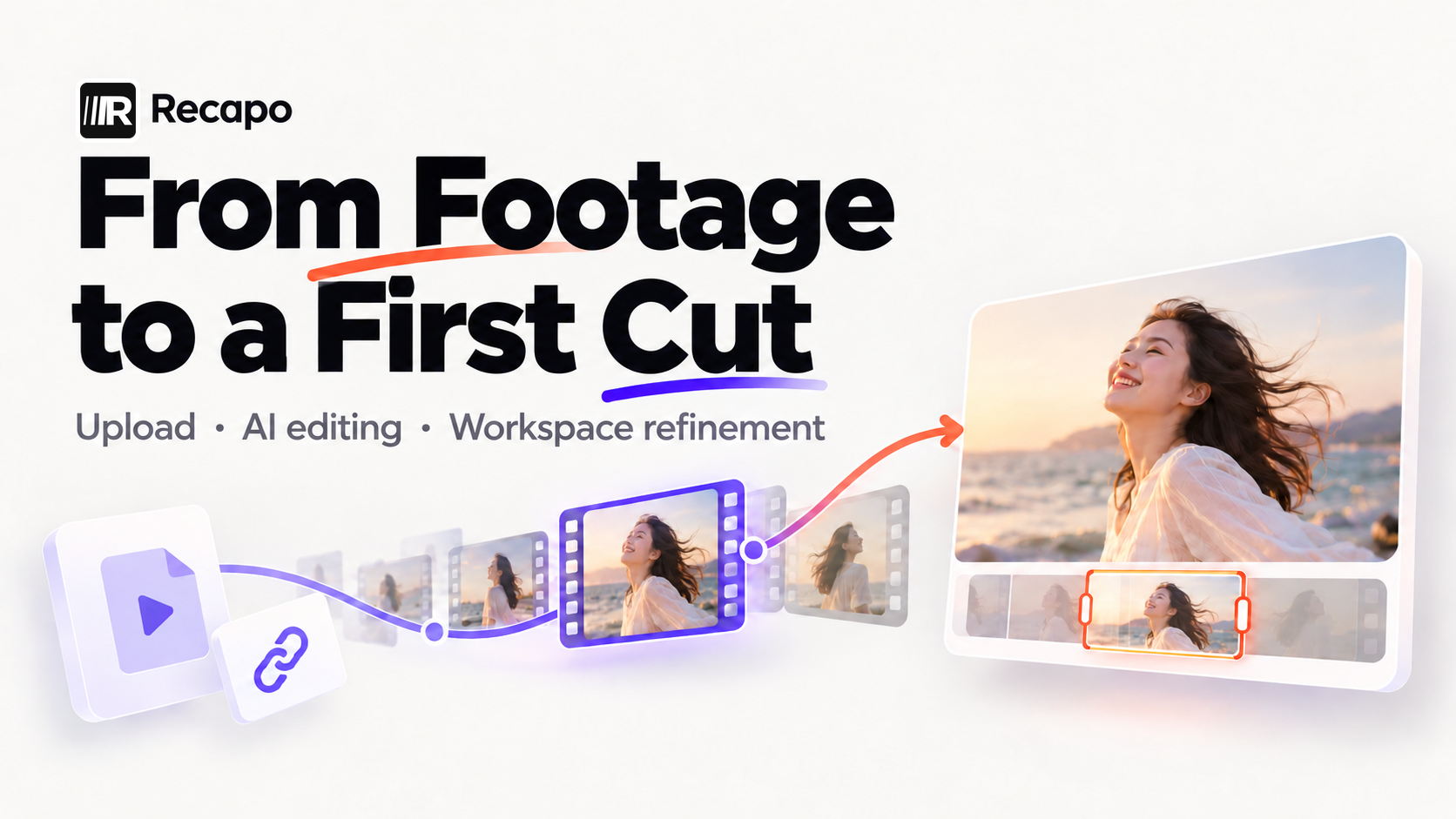 素材ファイルや動画リンクから自動編集を経て、修正可能な初稿ができる流れを表したコンセプトイラスト