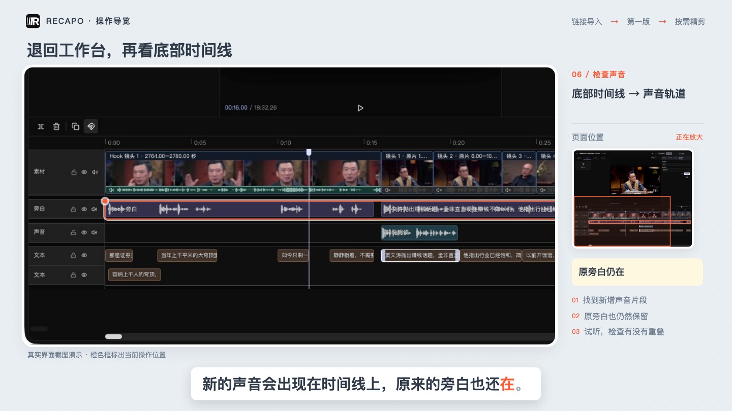 新增朗讀與原旁白同時保留在時間軸上，需要試聽檢查。官方導覽畫面。